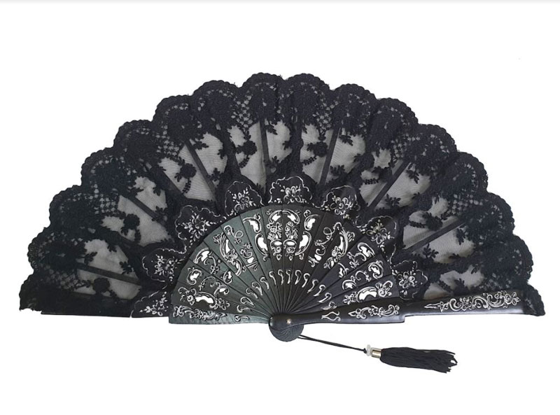 Black Tapered Lace Fan with Carved Openwork and Silver Painted Rods